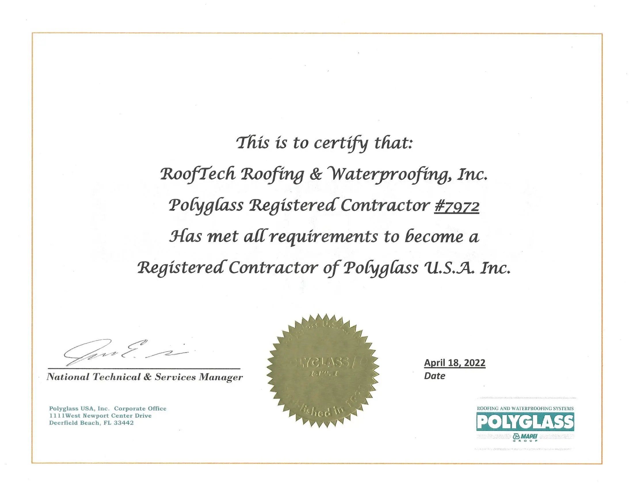 Polyglass Certificate RoofTech Roofing and Waterproofing